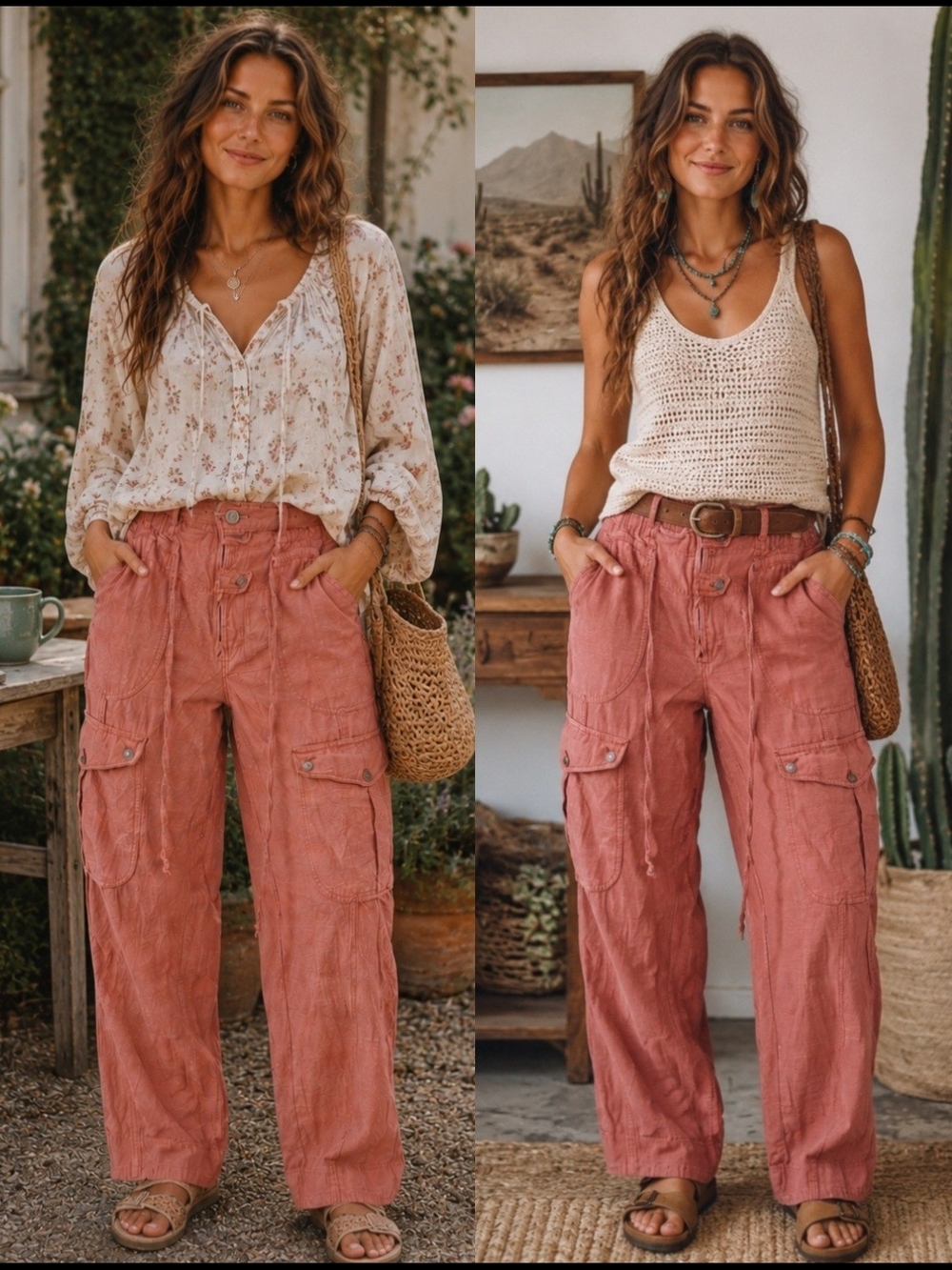 Free People We The Free Dusty Rose Linen Blend Cargo Pants Medium Boho Wide Leg - Picture 2 of 7